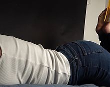 Made for foot fetish lovers, sexy bug bunny pose with tight blue jeans and balls massage with feets